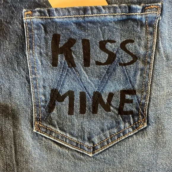 MOTHER Blue Jean Shorts with Distressed Hem and Graphic Text